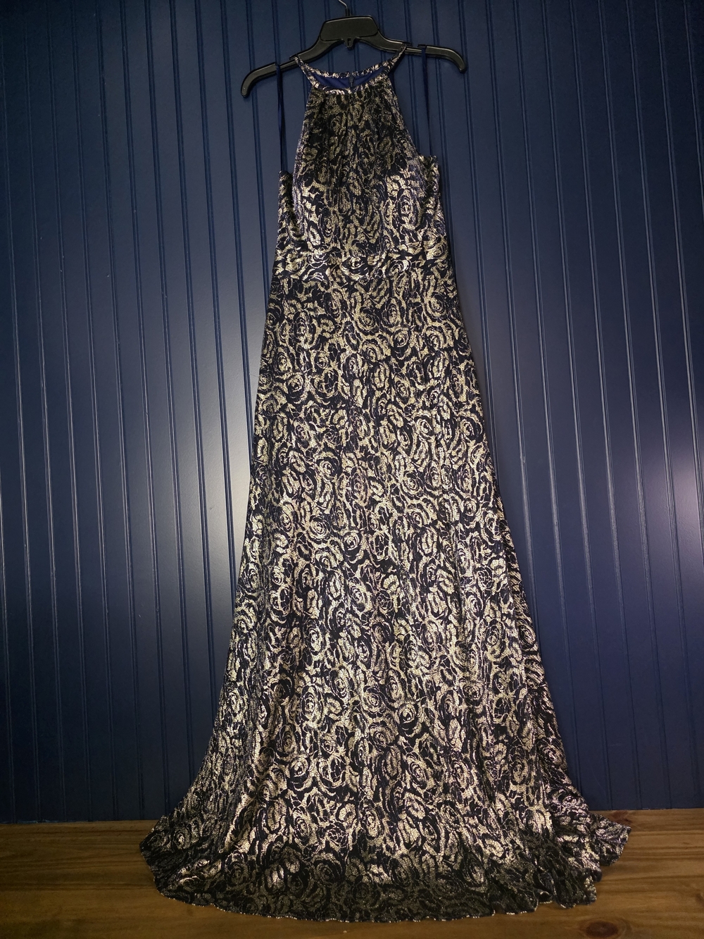 Betsy & Adam Navy and Gold Floral Halter Maxi Dress - Size 8